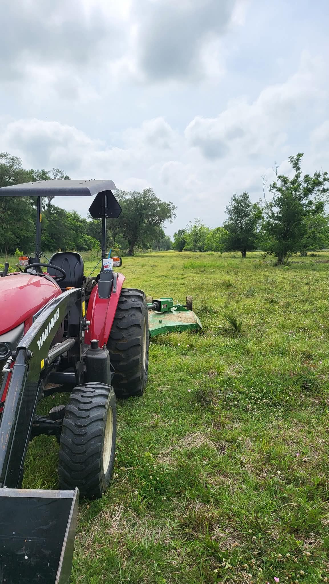 The red Yanmar tractor with a green rotary cutter on the three-point hitch, stopped part-way through cutting a rough pasture